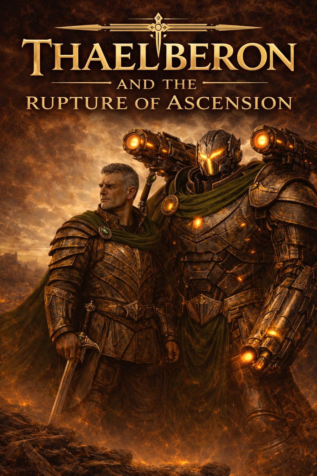 Cover art: Thaelberon and Oron stand over the burning world of Col